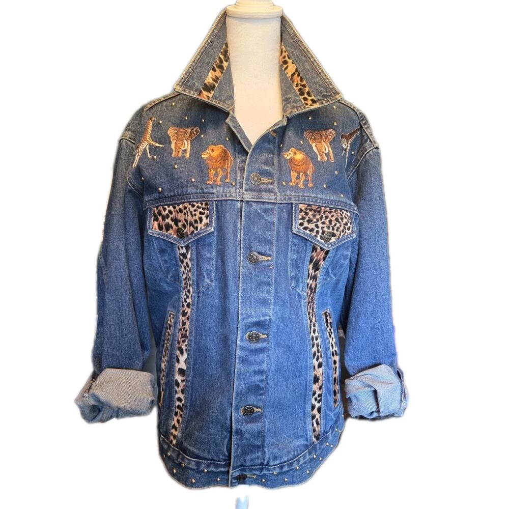 Vtg Gepetto Denim Jean Jacket Animal Print Studded Embellished 1990 Retro Medium